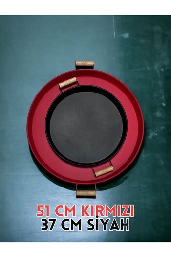 kitchen trend 51 Cm Kırmızı 37 Cm Siyah 2 Li Metal Yuvarlak Tepsi Sunum Tepsisi Çay Kahve Tepsisi