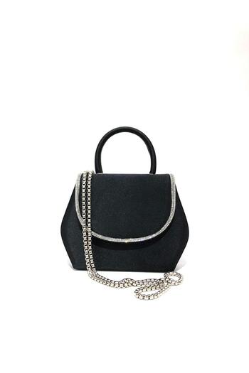 Piedra Satin Stoned Black Women's Evening Dress - Chain Strap, Porfoy Wedding Clutch Bag, New Season
