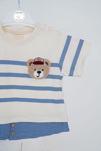 WOW LANUGO Baby Boy Summer Top and Bottom Set Muslin Shorts Teddy Bear Embroidered