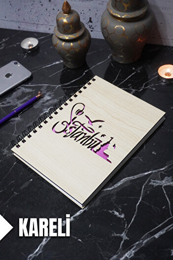 markcat Istanbul Themed Agenda and School Notebook - Checked Notebook with Wooden Cover (A5 - 120 Pages)
