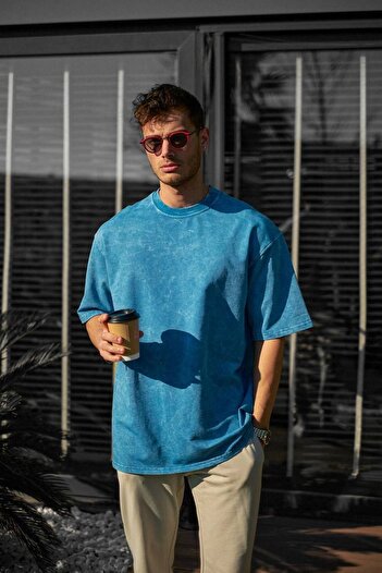 İLKCET MODA Λεπτομέρεια πλύσης Oversize Unisex χτενισμένο βαμβακερό μπλουζάκι