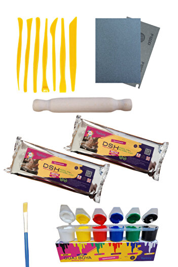 DSH Doğal Seramik Hamuru Ceramic Starter Set 8 - 7 lilacs, 2 pieces of 1000gr Ceramic Dough, Sandpaper, Roller, Gouache Paint