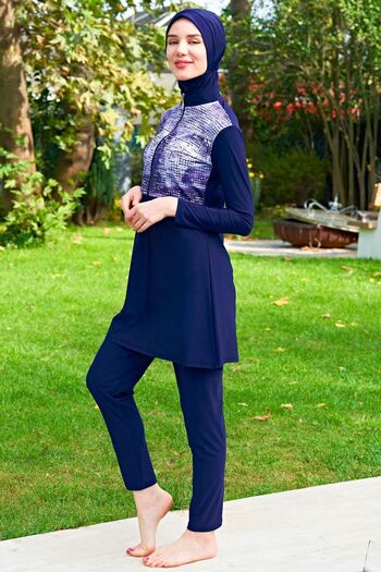 Ruko Maio RUKOMAYO DARK BLUE PIECE PATTERNED ZIPPERED LYCRA (WATER PROTECTIVE AND FAST DRYING) FABRIC TESETURE SWIMSUIT