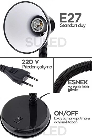 SULED Masa Lambası E27 Standart Ampül 220V Esnek Açısı Ayarlanabilir Çocuk Odası ve Çalışma Lambası