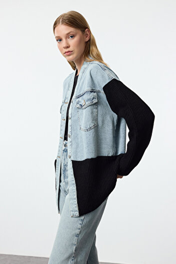 Trendyol Collection Albastru Negru Tricotaj Detaliat Contrast Bloc de culoare Jachetă de blugi oversize TWOAW25CE00025