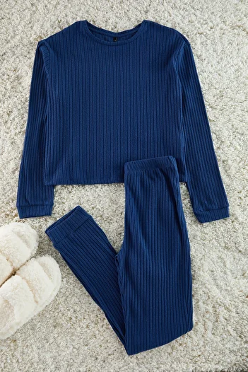 Trendyol Collection Navy Blue Soft Touch Ribbed Knitted Pajama Set Thmaw21Pt0696