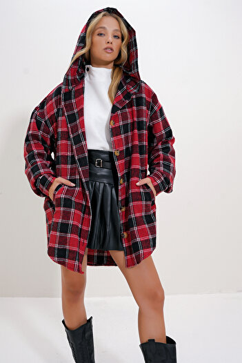Trend Alaçatı Stili Red Oversize kapucnis kockás ingkabát - Alc-X12658