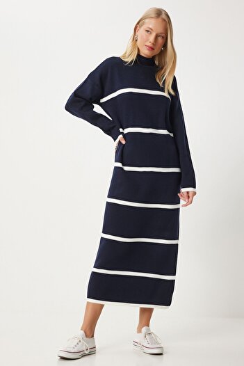 Happiness İstanbul Γυναικείο πλεκτό φόρεμα Navy Blue White με χοντρές ρίγες - DD01339