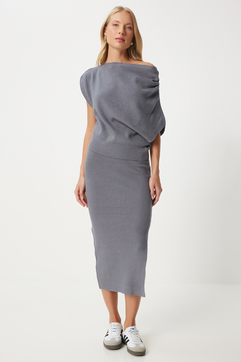 Happiness İstanbul Gray Single Shoulder Blouse and Knitwear Skirt Set - Fn03355