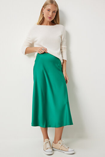 Happiness İstanbul Dark Green Satin Women's Skirt - Fn03361