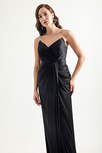 Lafaba Black Satin Strapless Long Evening Dress - Women