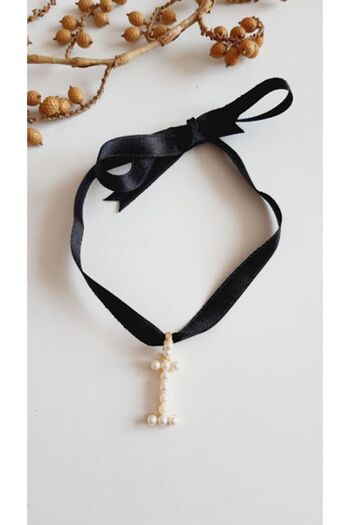 PETEK AKSESUAR I-I Letter Style Pearl Ribbon Choker Necklace