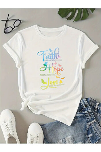 Pink Sky Unisex Oversize Crew Neck T-Shirt - Faith Hope Love Printed