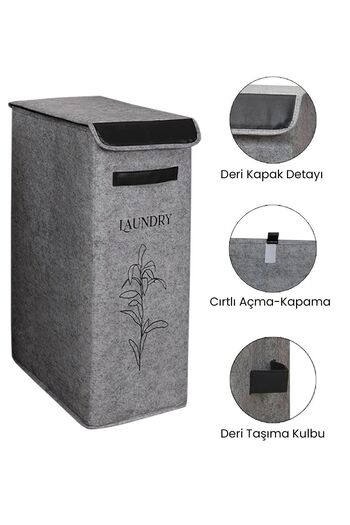 Nisahometeks Felted Leather Detailed Luxury Felt Laundry Basket 25*40*60 cm
