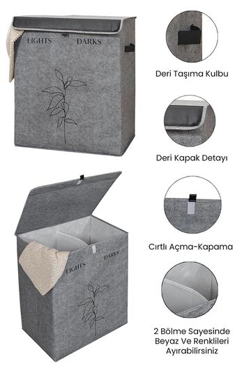 Nisahometeks Luxury 2-Compartment Felt Laundry Basket - With Felted Leather Detail, 53*33*60 cm