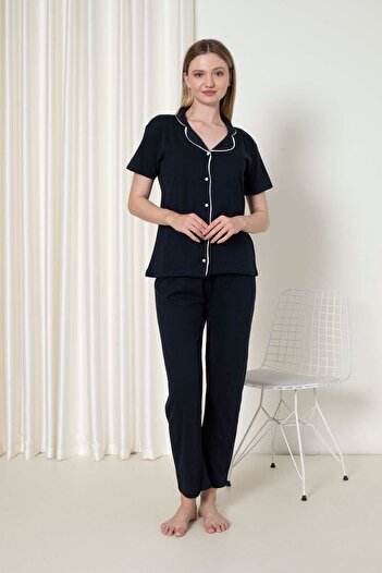 MİRELLA Women's Navy Blue Front Buttoned Short Sleeve Bottom Long Combed Cotton Fabric Summer Pajama Set