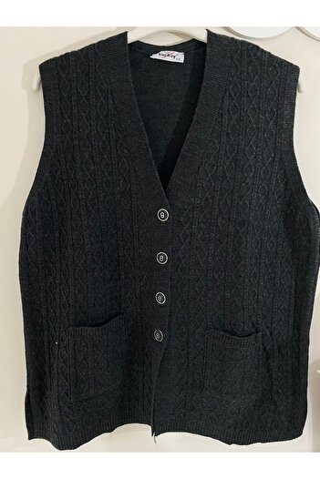 sinankardeşler Smoke Colored - Large Size Women's Knitwear Vest with Pockets and Buttons