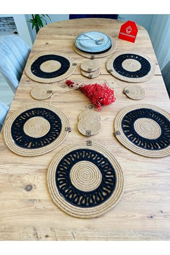 JÜTEX HOME 12 Piece Jute Straw Placemat and Under Cup Set