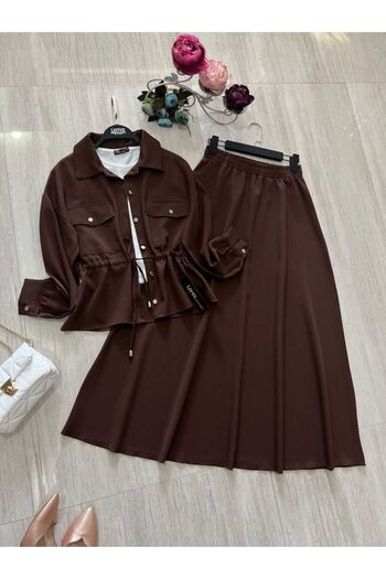 Zümrüt Copy - Waist Tie Shirt Collar, Double Pocket Skirt Suit 1659