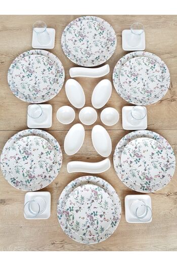 Keramika Flowers Matte White Breakfast Set 33 Pieces for 6 People