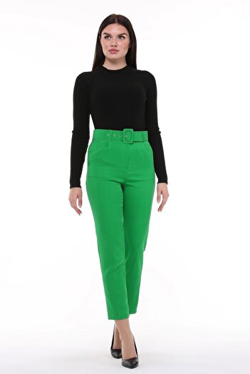 CEDY DENIM High Waist Pleated Ankle Length Women's Woven Trousers - C3008 Green