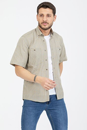 Varetta Men's Mustard Color Double Pocket Short Sleeve Summer Cotton Checkered Shirt