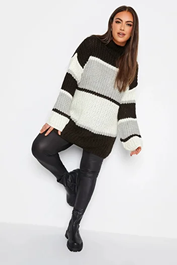 Stil Diva Large Size Half Turtleneck Color Block Knitwear Knitted Sweater302329