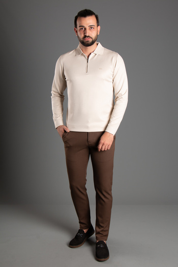 ZEKİ ÖZER Beige Polo Collar Zippered Men's Knitwear Sweater