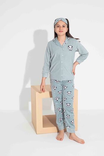 Tarık Panda Patterned Girl's Teenager and Children's Fleece Winter Pajamas Set - Long Sleeve, Buttoned Front