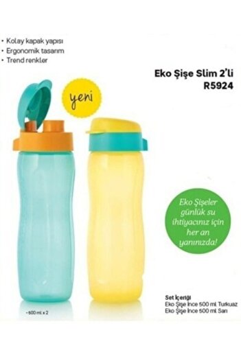 Tupperware Eco Slim Fit Bottle Water Bottle Set of 2 - 500ml Turquoise, 500ml Yellow