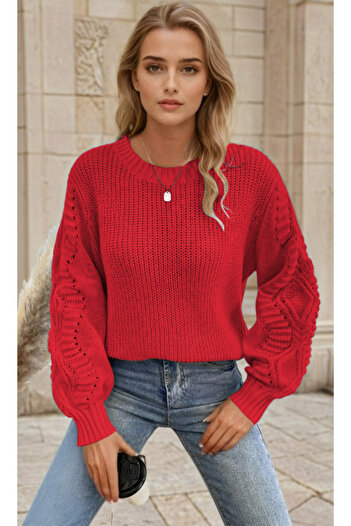 hanope Women's Balloon Sleeve Patterned Knitwear Knitted Red Sweater