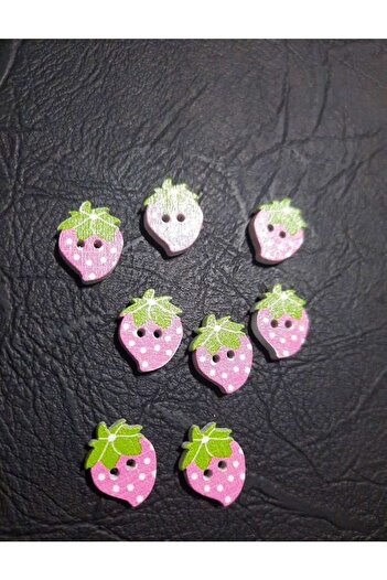 İMREN AKSESUAR Wooden Button 1.5 cm Strawberry Figured Two-Hole Pink Button 1 Pack 8 Pieces