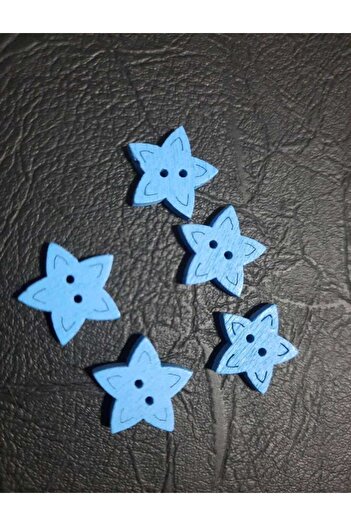 İMREN AKSESUAR Blue Wooden Button with Star Figure - 1.5 Cm, Two Holes, 5 Pieces 1 Pack
