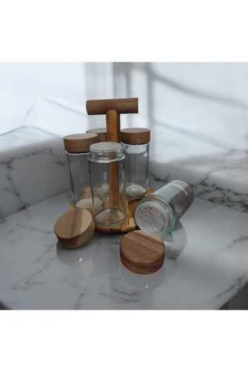 MİEN 5-Piece Acacia and Glass Spice Bowl Set - with Stand and Lid