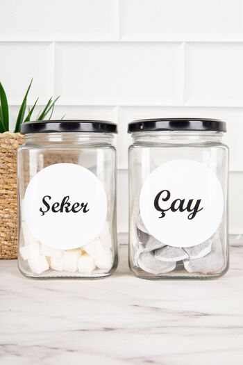 DNS HOME 2-Piece Black Metal Lid Tea Sugar Labeled Square Glass Storage Container Jar 720ml