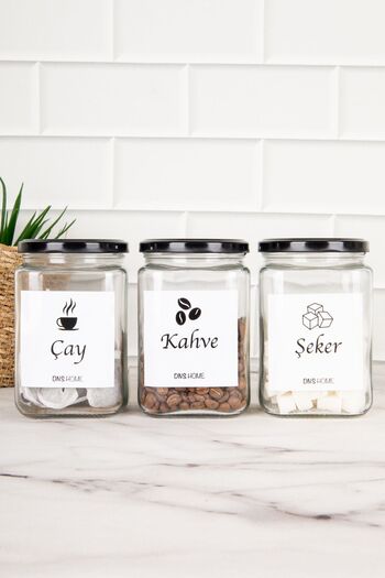 DNS HOME 3-Piece Black Metal Lid Labeled Tea Sugar Coffee Jar Square Glass Storage Container 720ml