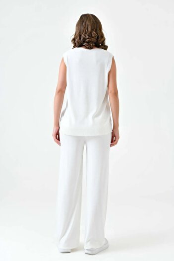 WOMAN VISION V-Neck Sleeveless Vest and High Waist Wide Leg Knitwear Trousers - Ecru Set 103