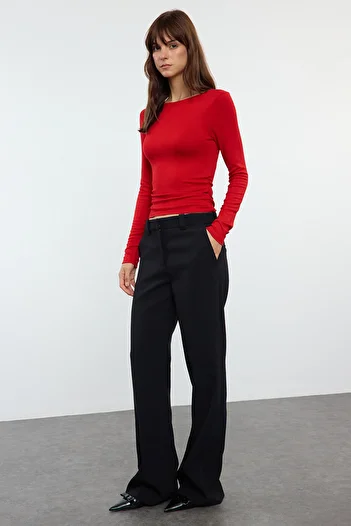 Trendyol Collection Stretchy Viscose Red Boat Neck Blouse - Draped Detail, Fitted Drawstring, Soft Fabric Twoaw25Bz00225