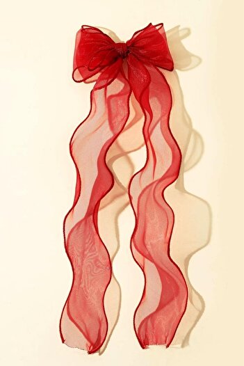 PETEK AKSESUAR Women's Long Tulle Bow Buckle Red