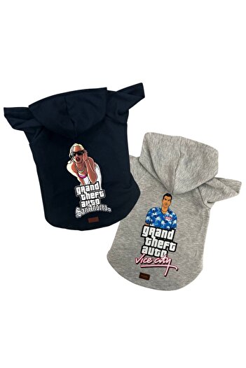 Buddy Store ملابس Gta مطبوعة باللونين الأسود والرمادي للقطط والكلاب - طقم من قطعتين