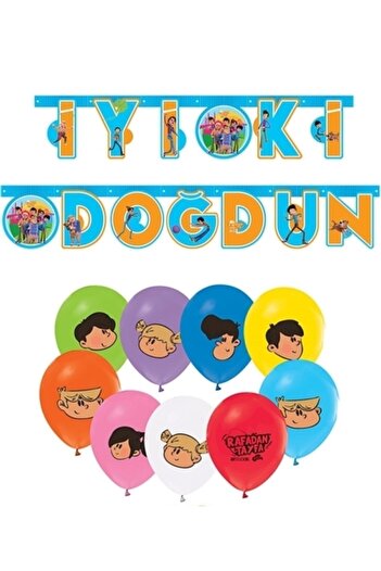 BalonEvi Rafadan Tayfa 10 Pieces Balloon 6 Pieces Mask And Happy Birthday Pennant Birthday Set