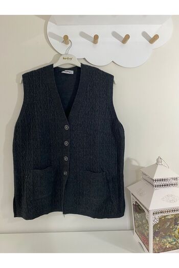 sinankardeşler Smoke Colored - Large Size Women's Knitwear Vest with Pockets and Buttons