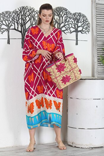Chiccy Fuchsia V-Neck - Allover Printed Oversize Casual Dress with Buttons and Pockets