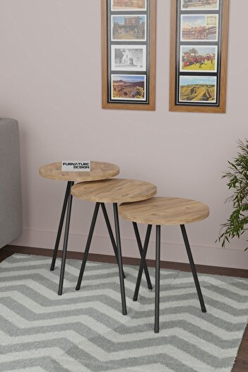 CMKStore 3'lü Zigon Sehpa Seti Metal Ayaklı Yan Sehpa Atlantik Çam