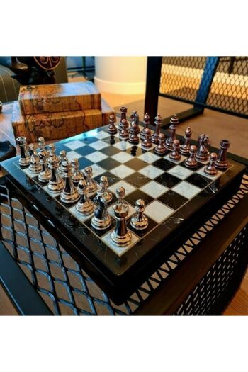 Revello Marble Design Large Chest Chrome Plated First Class Metal Chess Set 30*30 Cm