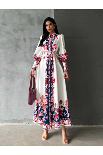 Jennyfer Atlas fabric flower print detailed long design dress with belt