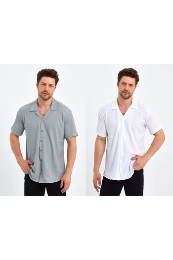 CLIPMAN Чоловіча сорочка Slim Fit, 2 шт., з малюнком, з льону, з коміром-апаш, з короткими рукавами, сіро-біла