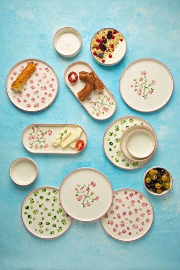 Kevin Seramik Berthe Floral 14 Piece Handmade Special Design Breakfast Set for 6 People
