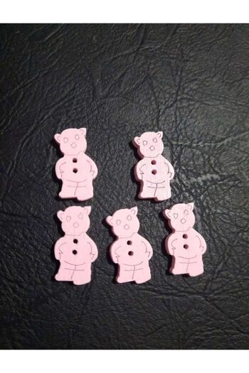 İMREN AKSESUAR Pink Button with 2 cm Bear Figure - Wood, Two Holes, 1 Pack 8 Pieces