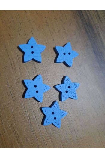 İMREN AKSESUAR Blue Wooden Button with Star Figure - 1.5 Cm, Two Holes, 5 Pieces 1 Pack